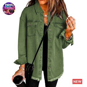 Oversized Denim Shacket Button Up Frayed Hem Long Sleeve Pockets Relaxed Fit